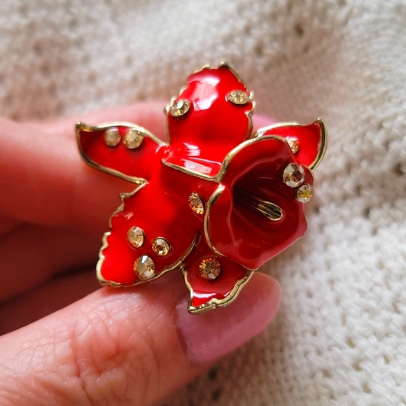 Versace × H&M Collab Rare Red Flower w crystals Fashion Statement Ring sz L - Picture 3 of 14